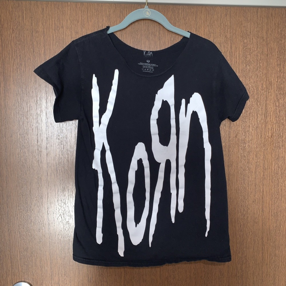 Vintage 80s 90s Band Tee KORN Size Small Neck Sleeve Cut Out Shirt
